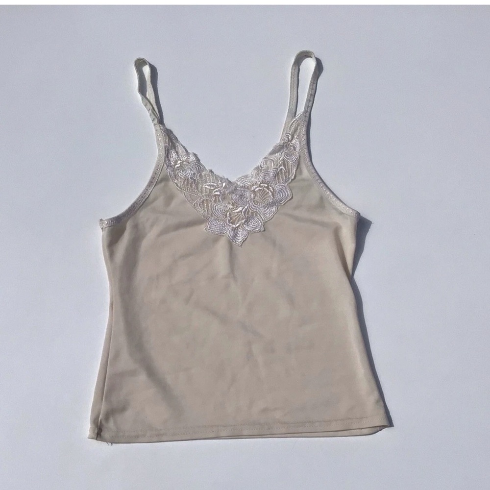 Off-White Floral Lace Cami Top XS Romantic Semi Sheer Y2K Cottagecore Sleepwear